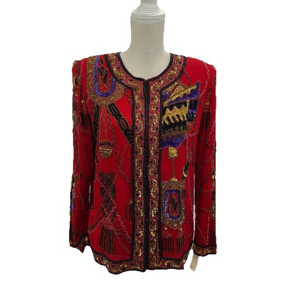 Vtg Laurence Kazar Beaded Silk Jacket Women’s Medium Red Holiday Party NWT - Picture 1 of 8
